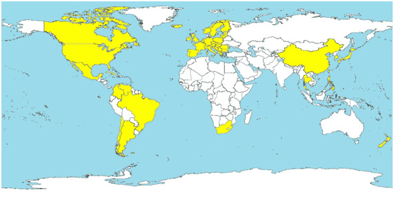 Länder, in denen PCV2-SD diagnostiziert wurde (gelb markiert).