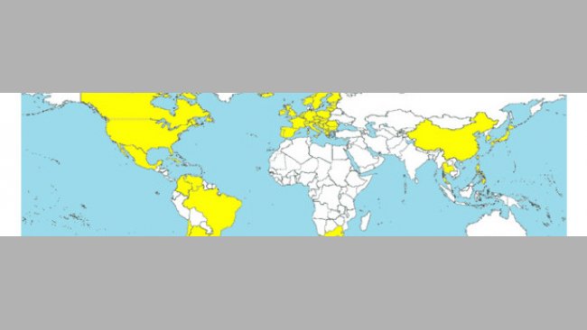 Länder, in denen PCV2-SD diagnostiziert wurde (gelb markiert).