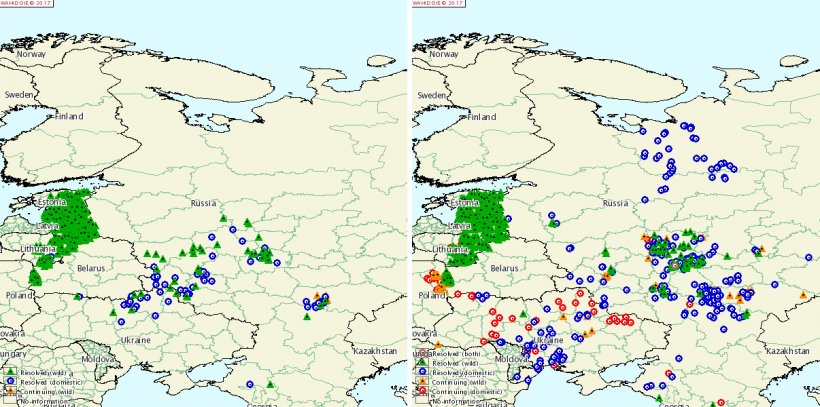 ASP-Ausbr&uuml;che in Russland und der Ukraine in den Jahren 2015 und 2016
