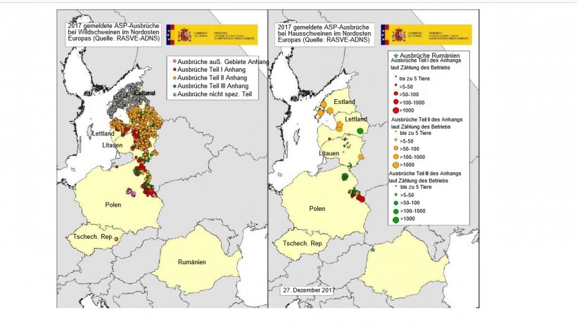 Karte der 2017 in Estland, Lettland, Litauen, Polen, der Tschechischen Republik und Rum&auml;nien gemeldeten Ausbr&uuml;che (Quelle: RASVE-ADNS)
