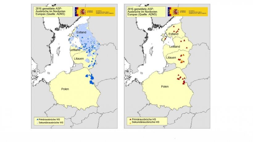 Karten der 2016 in Estland, Lettland, Litauen und Polen gemeldeten Ausbr&uuml;che (Quelle: RASVE-ADNS)
