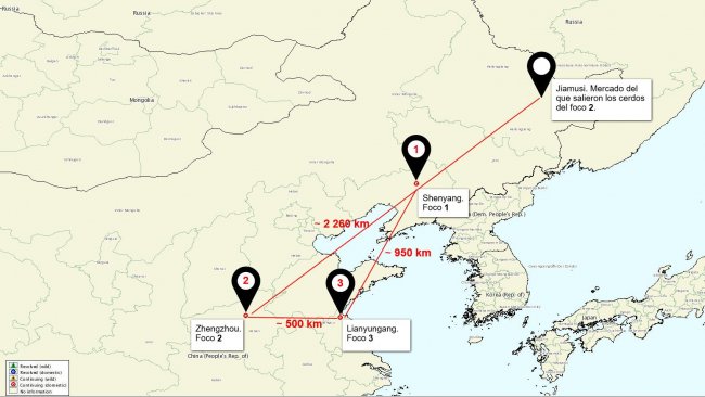 Lagekarte der ASP-Ausbrüche in China
