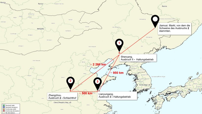 Lagekarte der ASP-Ausbr&uuml;che in China
