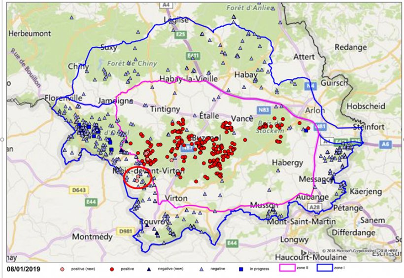 Fundorte der negativ (blau) und positiv (rot) getesteten Wildschweine im S&uuml;den Belgiens (die beiden neuen F&auml;lle rot umkreist)
