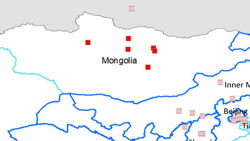 <p>Betroffene Provinzen: Bulgan, Orchon, T&ouml;w und Dund-Gobi sowie der Distrikt Bajangol in Ulaanbaatar</p>
