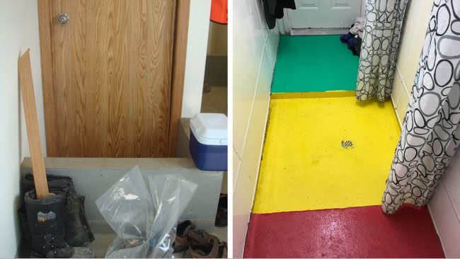 Links: Trennung von Bereichen innerhalb eines Betriebs: Die kleine Wand erinnert die Arbeiter an den Ort zum obligatorischen Schuhwechsel zwischen dem Eingang des Betriebs (schmutzig) und dem Duschbereich (Bild mit freundlicher Genehmigung von Dr. Tim Snider). Rechts: Beispiel der Trennung von Bereichen im Duschraum: Rot = schmutzige Zone; Gelb = Zwischenzone; Gr&uuml;n = saubere Zone (Bild mit freundlicher Genehmigung von Mike Luyks, Kaslo Bay, PIC Boar Stud, Kanada).
