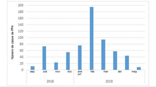 <p>Monatliche Anzahl der positiv getesteten Wildschweine, die seit dem ersten Fall im September 2018 in Belgien aufgefunden wurden (Quelle: ADNS, 08.07.2019)</p>
