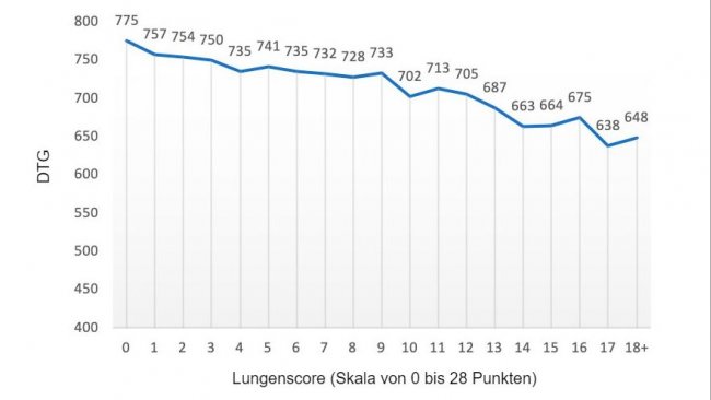 Abbildung 2: DTG-Wert (Gramm) im Verh&auml;ltnis zum Lungenscore (Skala von 0 bis 28 Punkten). Nach Pagot et al. (2007)
