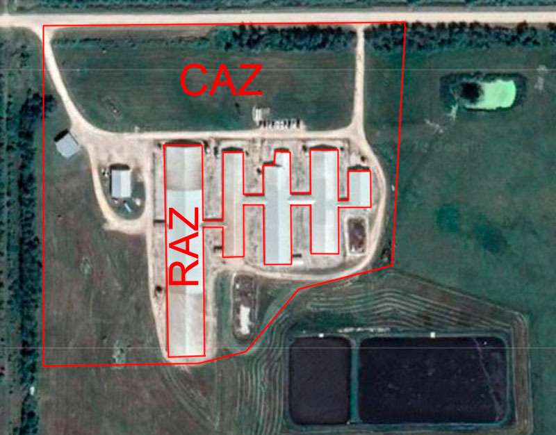 Bild 1: Zone mit beschr&auml;nktem Zugang (ZB-Zone) und Zone mit kontrolliertem Zugang (ZK-Zone) eines Betriebs. Grenzen zwischen sauberen und schmutzigen Bereichen des Betriebs. https://www.cpc-ccp.com/visitor-and-farm-biosecurity

