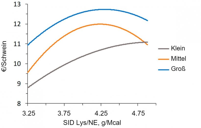 Abbildung 2: &Ouml;konomische Modellierung (IOFFC) des Effekts des Lysin-Energie-Verh&auml;ltnisses bei Mastschweinen (28-63 kg LW), klassifiziert nach ihrem Startgewicht (aus Aymerich et al., 2020)
