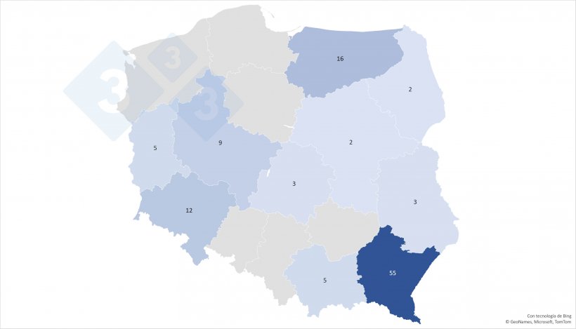 Anzahl der ASP-Ausbr&uuml;che in den einzelnen Woiwodschaften
