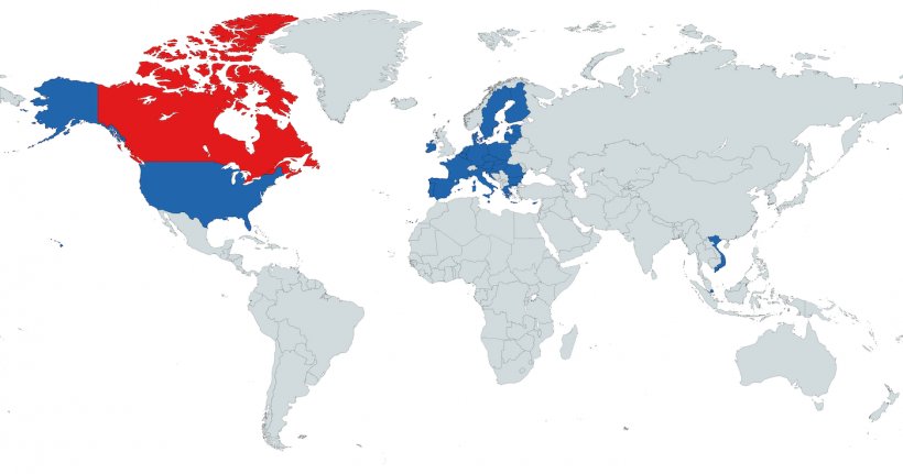 Abbildung 1: Die L&auml;nder, mit denen Kanada ASP-Zonenabkommen geschlossen hat (Vietnam, Singapur, die EU und die Vereinigten Staaten).
