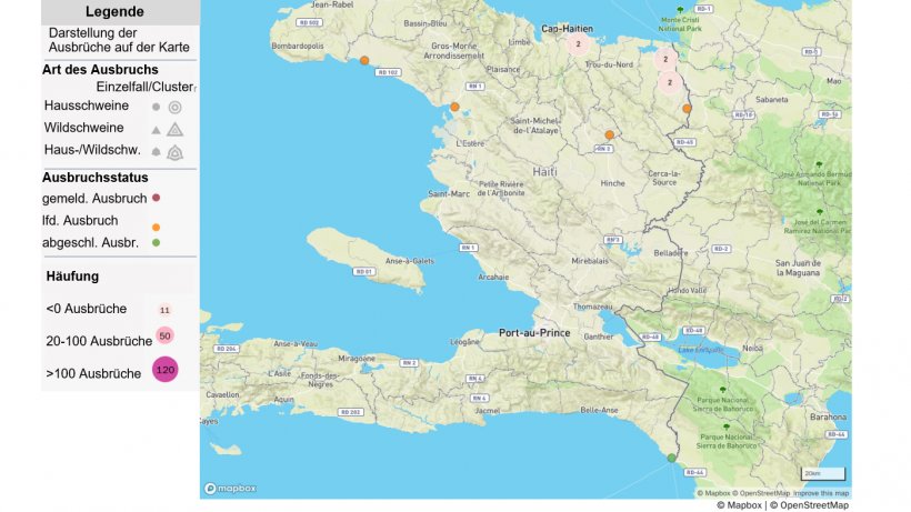 Karte der ASP-Ausbr&uuml;che in Haiti. Quelle: OIE. &copy; OpenStreetMap-Mitarbeiter. https://www.openstreetmap.org/copyright
