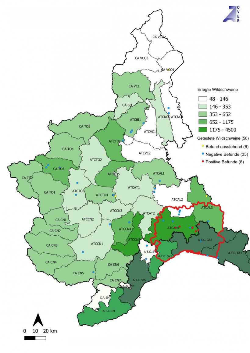 Negative und positive ASP-Befunde in den Regionen Piemont und Ligurien (Italien). Quelle: IZSPLV
