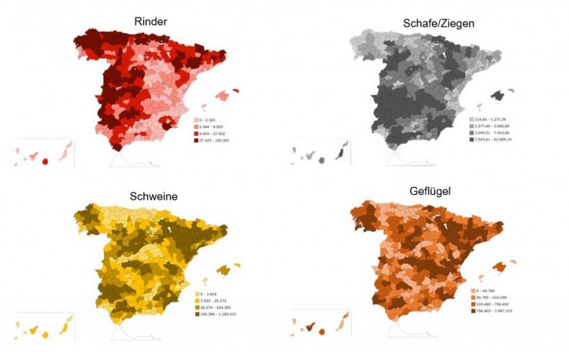 Geografische Verteilung der verschiedenen Nutztierbest&auml;nde. Quelle: INE.
