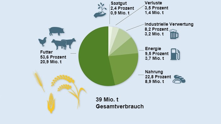 Getreideverwendung 2021/22. Vorl&auml;ufige Zahlen. Angaben in Geitredewert. Quelle: BLE
