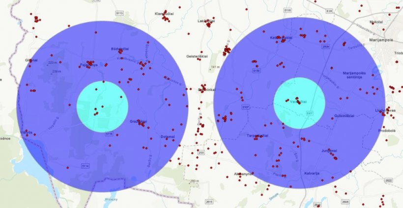 Erster (rechts) und zweiter ASP-Ausbruch (links) mit den jeweils ausgewiesenen Schutz- und &Uuml;berwachungszonen sowie Standorte von Schweinehaltungen (rote Punkte). Quelle: Staatlicher Lebensmittel- und Veterin&auml;rdienst (VMVT)
