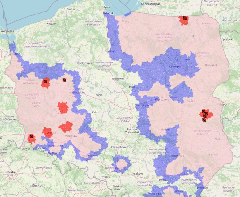 Karte der ASP-Ausbr&uuml;che und aktuellen Sperrzonen in Polen

