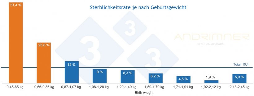 Schaubild 3: Sterblichkeitsrate in Abh&auml;ngigkeit vom Geburtsgewicht. Quelle: Javier Lorente. Gewerblicher Betrieb, 3483 Ferkel einzeln gewogen, 2021
